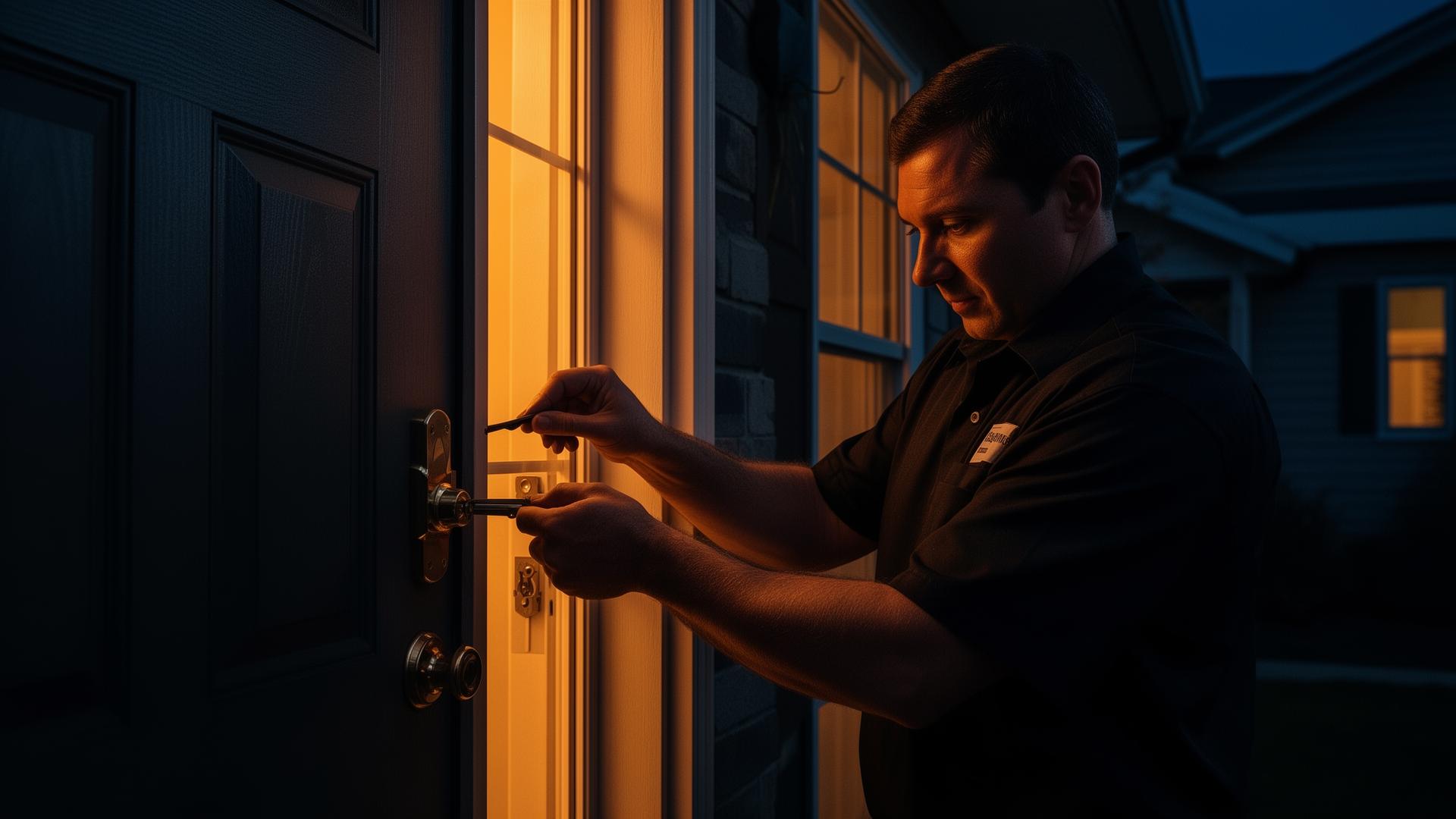 Emergency locksmith in Oldham working on a residential door lock at night